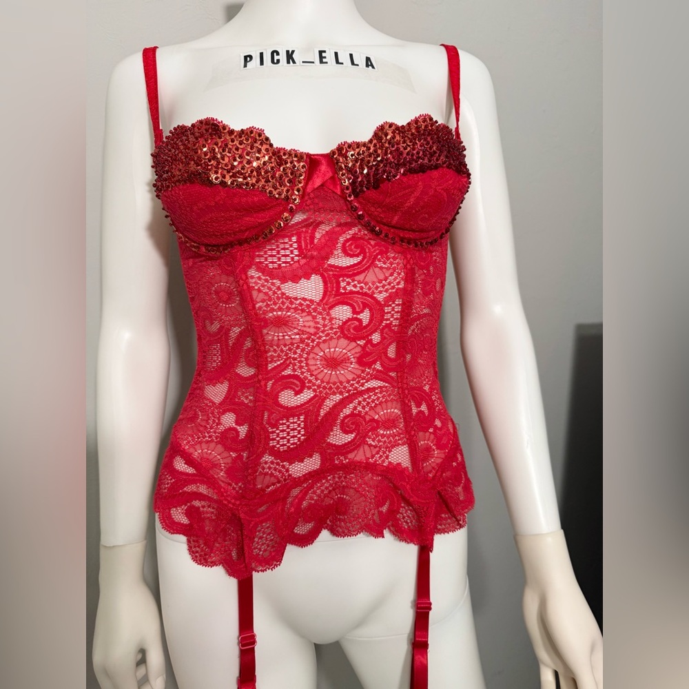 34B Vs Victoria’s Secret Vintage 1995 Sequins floral lace Corset / Bustier Red